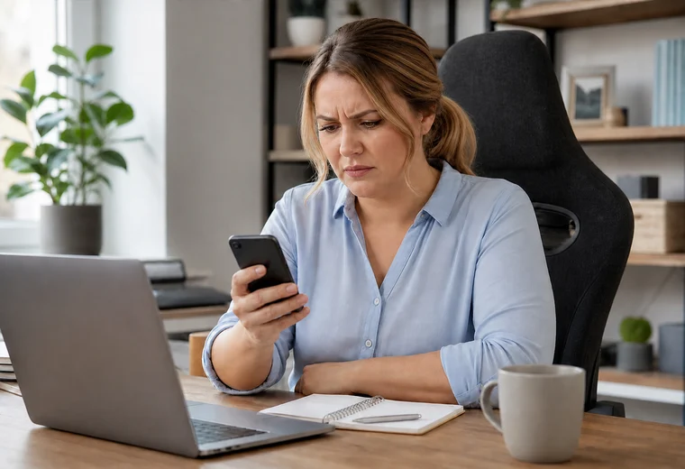 Vermieterin sitzt am Küchentisch und sieht mit sorgenvollem Blick auf ihr Telefon