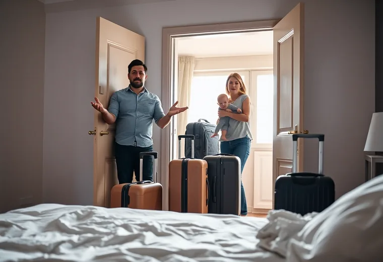 Familie mit Kleinkind und Koffern steht in der Tür einer Ferienwohnung vor einem ungemachten Bett